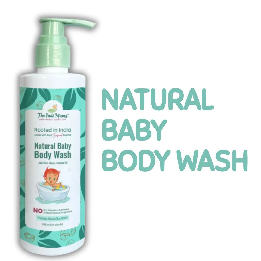 Indi Mums Natural Baby Body Wash. There is a 200ml bottle with the product name next to it.
