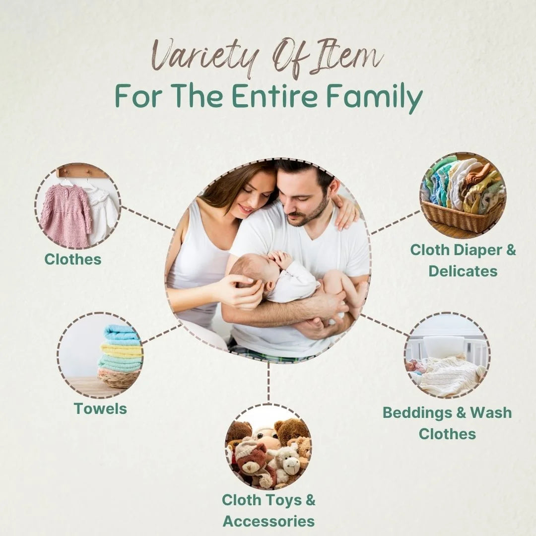 Family with a baby surrounded by icons of clothes, towels, cloth diapers, and toys, indicating suitable uses for Indimums Laundry Detergent on a light background