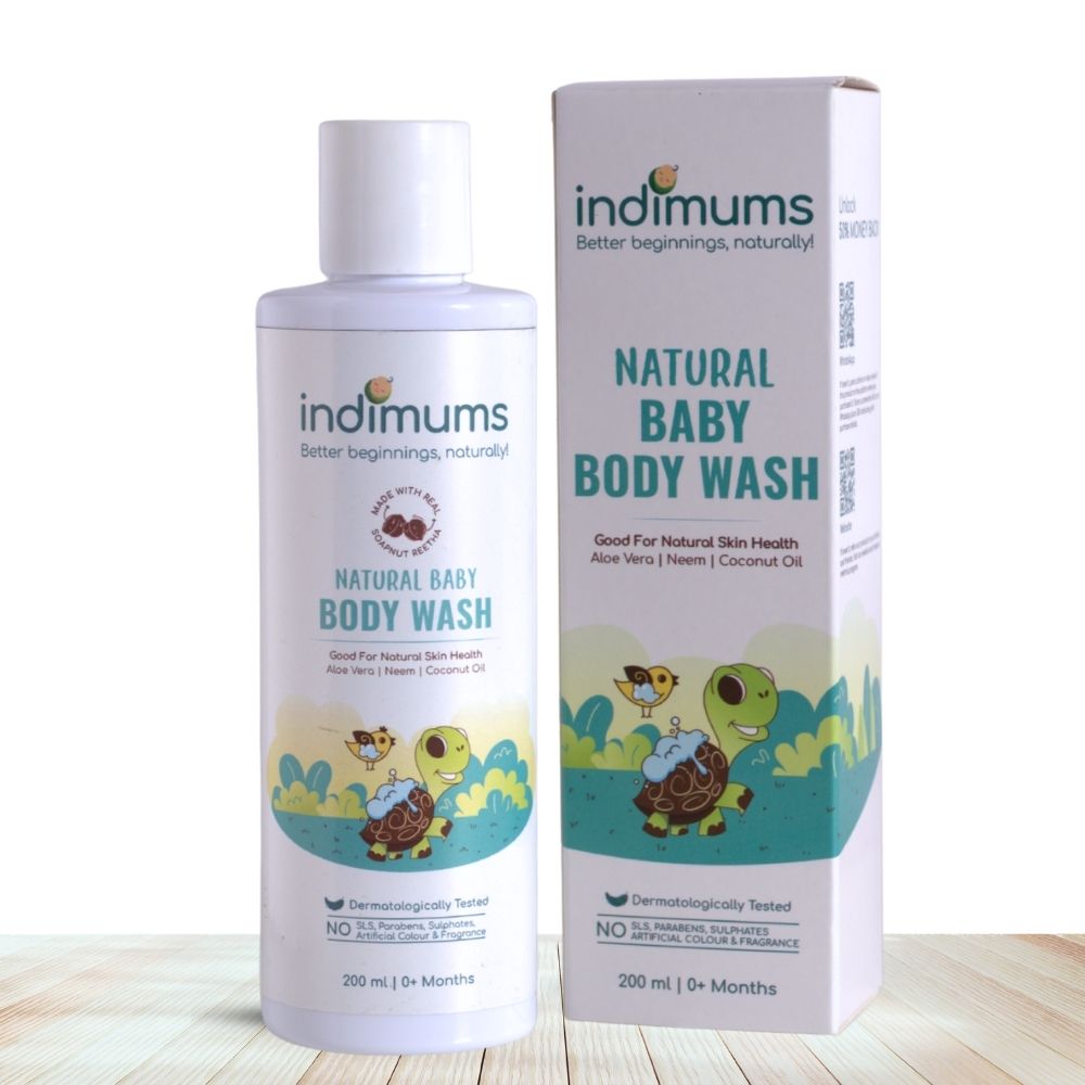 bottle and outer box of indimums baby body wash