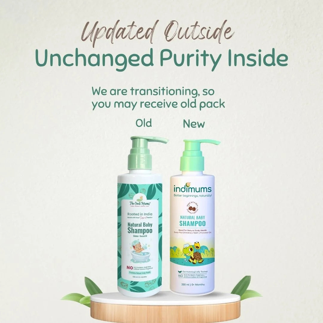 Two bottles of Indimums Natural Baby Shampoo on a white background with text about packaging transition