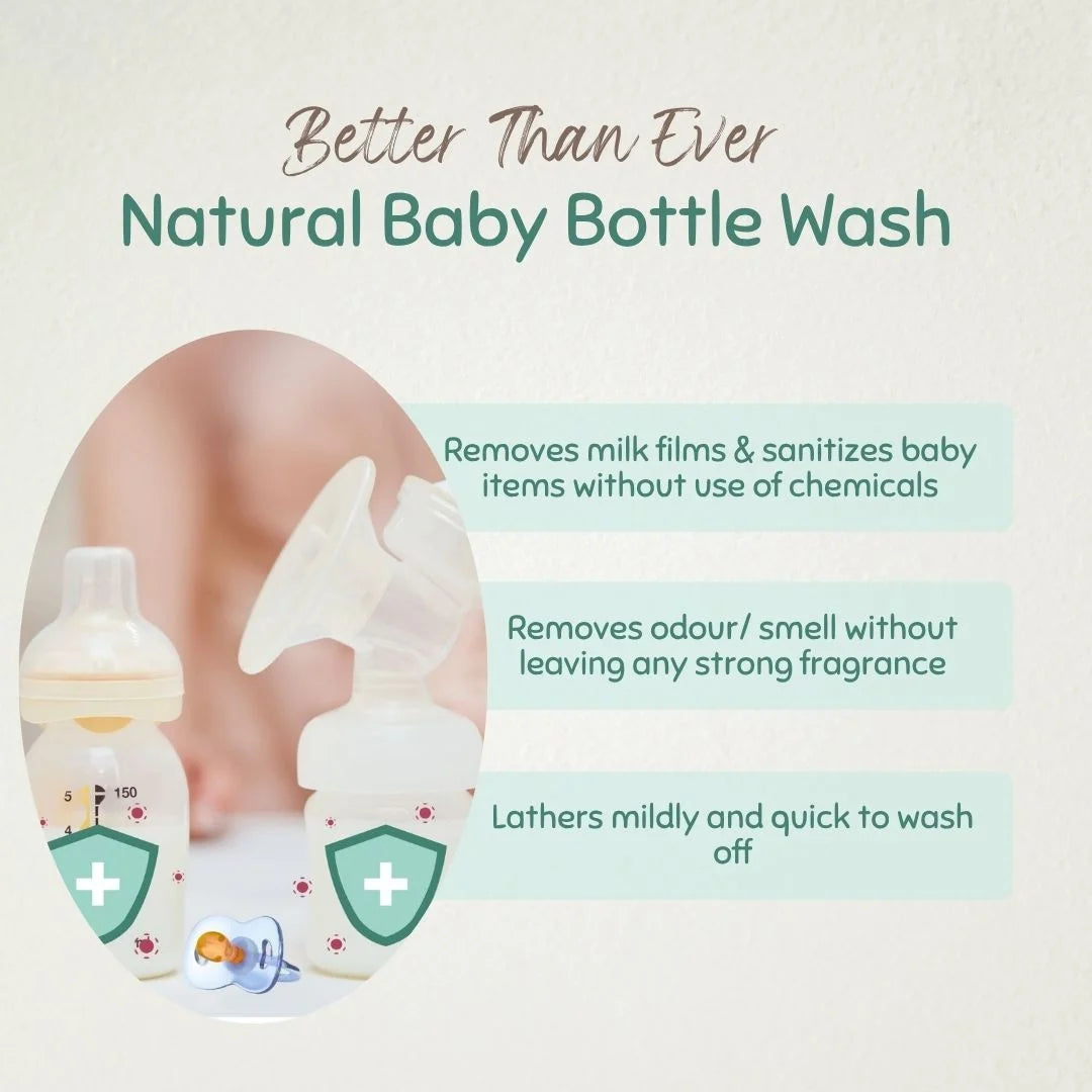 Advertisement for natural baby bottle wash with text and product images on a light background, highlighting removal of milk film and odours