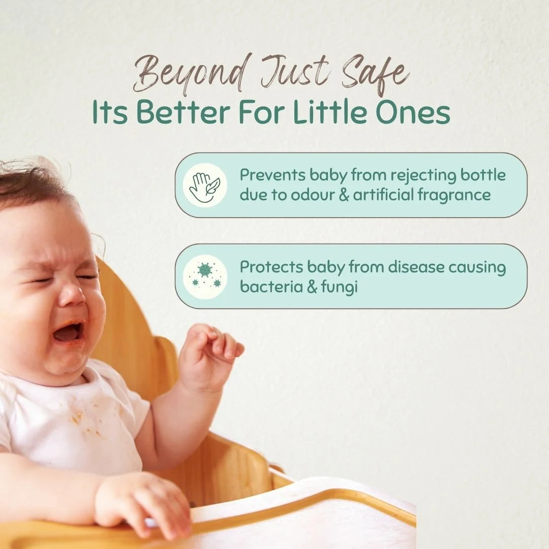 Baby in a high chair on a light background with text highlighting product benefits, including protection from disease-causing germs