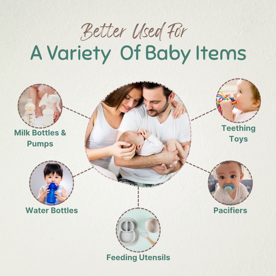Family with baby surrounded by icons and text about baby items like water & milk bottles, teething toys, feeding utensils, and pumps