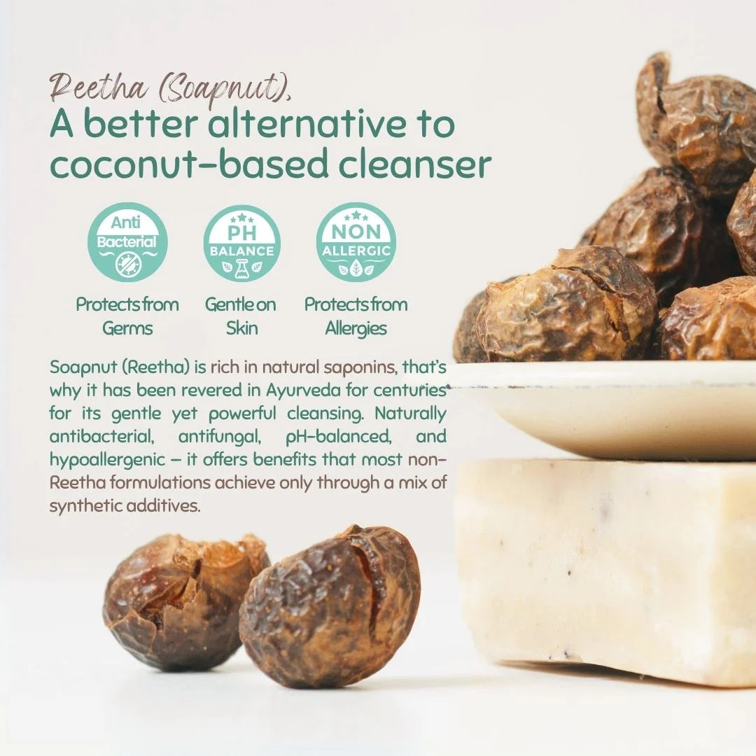 Soapnut fruits with text highlighting their benefits as a natural alternative to coconut-based cleansers