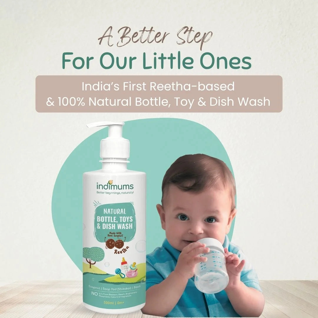 Indimums Natural Bottle, Toy and Dish Wash with a child holding a bottle on a light background