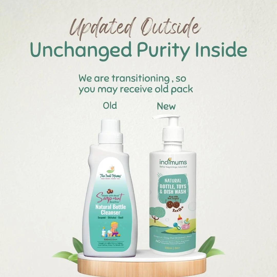 Two bottles of Indimums Natural Bottle, Toys & Dish Wash on a white background with text about packaging transition