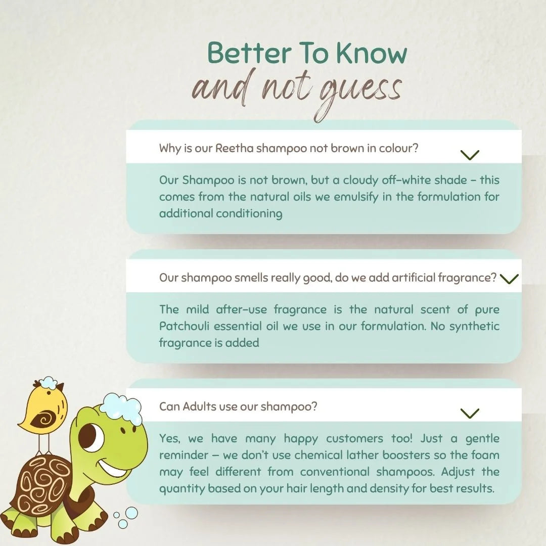 Informational text about Indimums Natural Baby Shampoo with a turtle illustration on a light background, including questions like 'Why is our Reetha shampoo not brown in colour?' and 'Can Adults use baby shampoo?