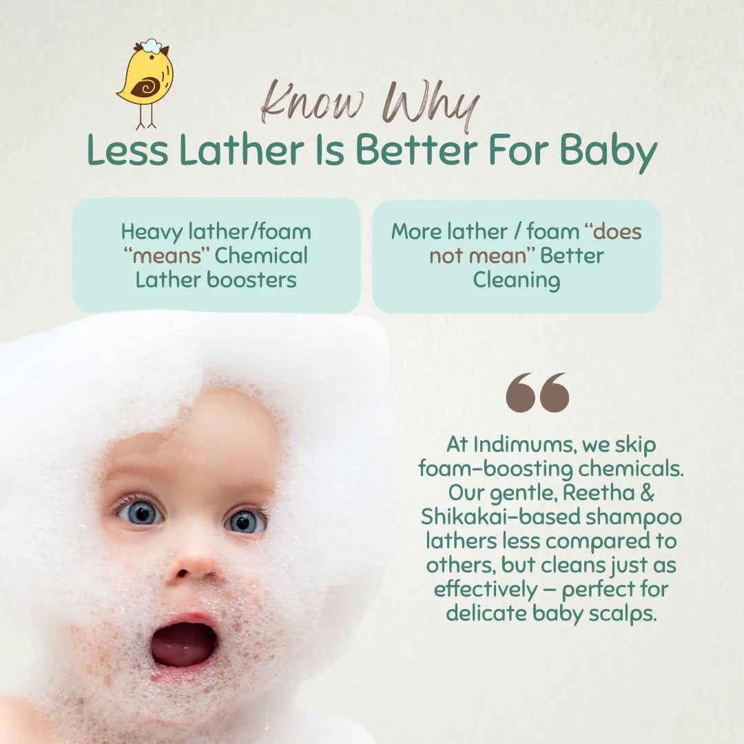 Baby surrounded by bubbles with Indimums branding and text promoting low-lather formula as gentler for baby skin