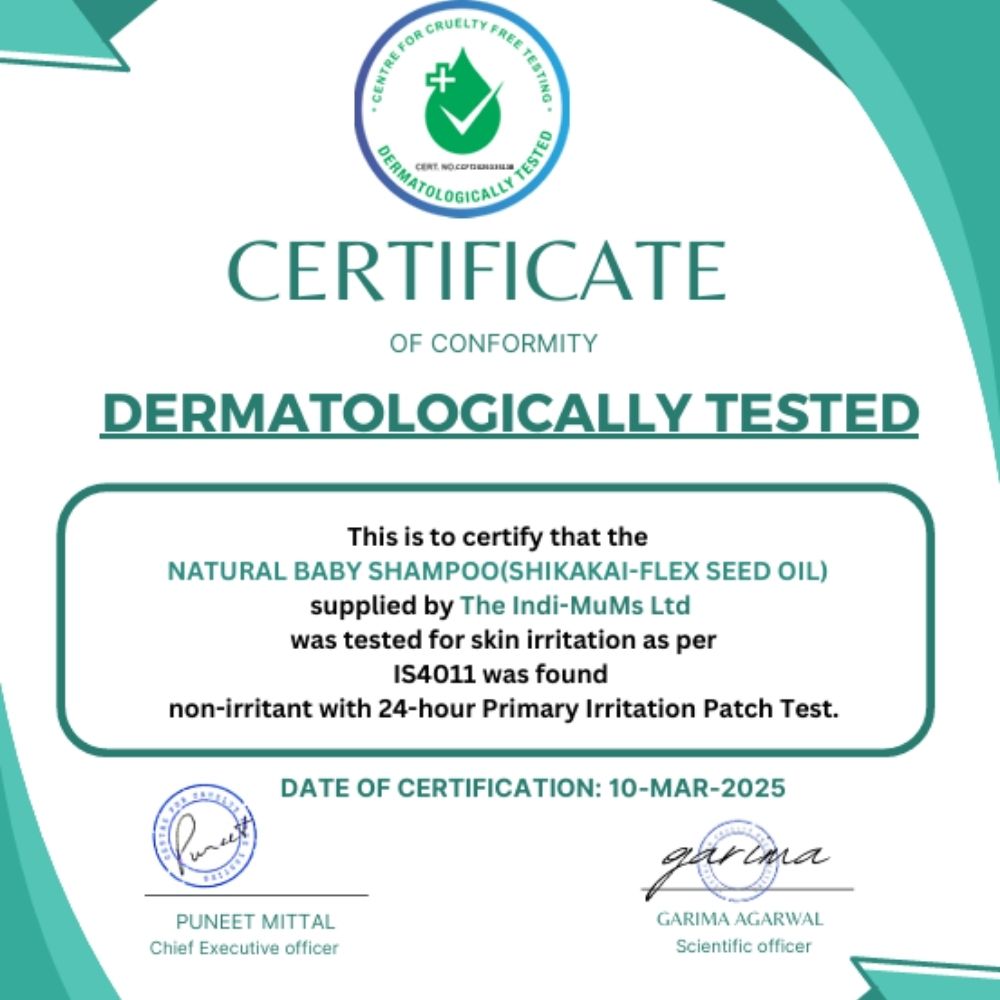 Certificate of conformity for dermatologically tested natural baby shampoo with green and white design.