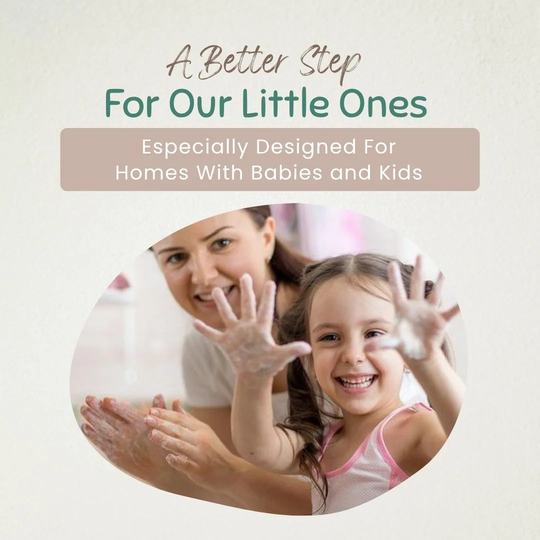 Woman and child with hands covered in white powder on a light background, with text stating 'designed for homes with babies & kids