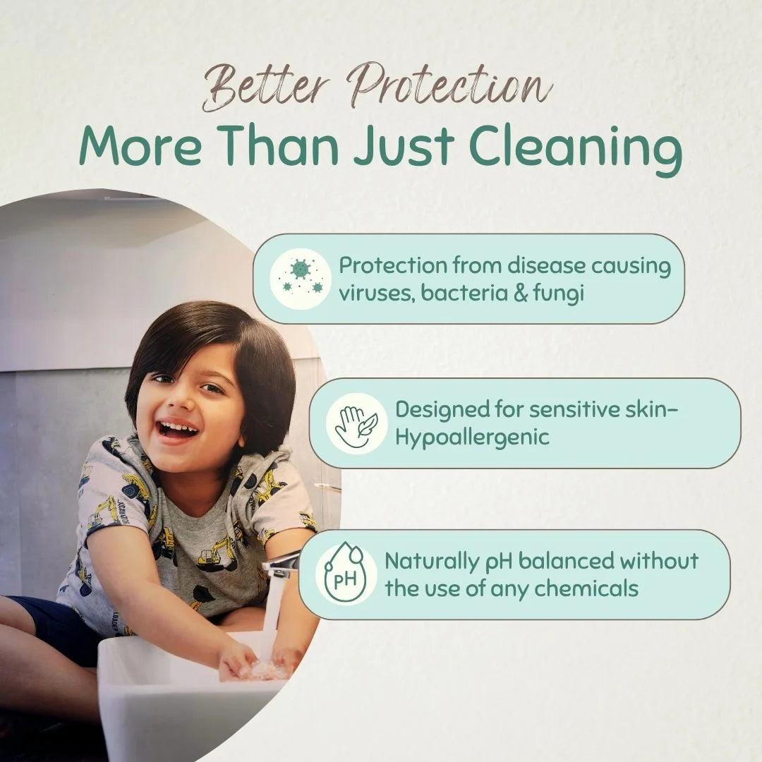Child playing with a toy on a light background, surrounded by text highlighting product benefits: protects from disease-causing viruses, hypoallergenic, and pH balanced