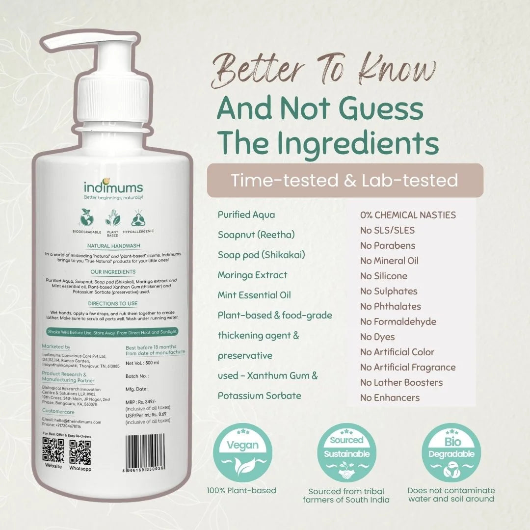 Indimums Natural Handwash bottle showing ingredient list and product details on a white background