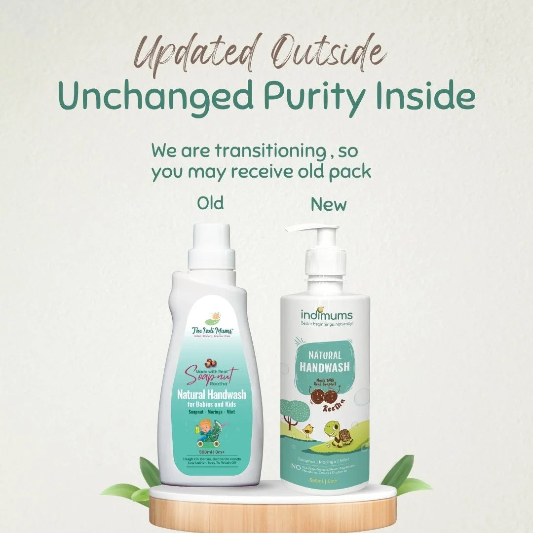 Two bottles of Indimums Natural Handwash on a white background with text about packaging transition