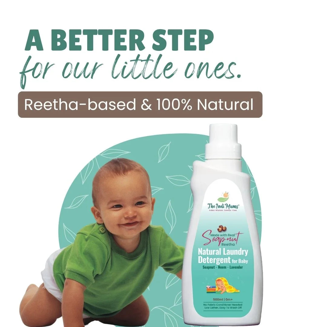 Marketing image showing a smiling baby in a green outfit sitting next to the same laundry detergent bottle. Text reads "A BETTER STEP for our little ones" with "Reetha-based & 100% Natural" highlighted in a brown banner. The background features a soft teal color with white leaf patterns.