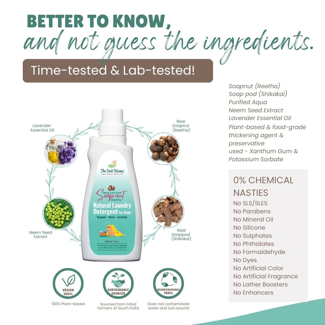 Ingredient transparency graphic showing the laundry detergent bottle surrounded by circular images of key ingredients (lavender, soapnut, neem seeds, soap pod). Lists complete ingredients and emphasizes "0% CHEMICAL NASTIES" with a comprehensive list of excluded harmful chemicals. Features three certification badges for 100% Plant-based, Sustainably Sourced, and Biodegradable 100%.