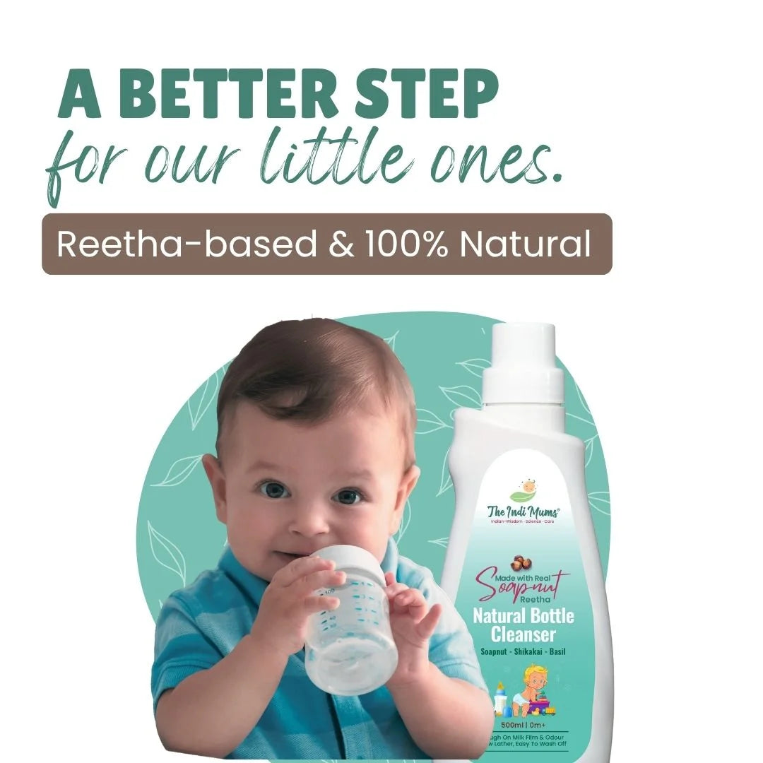 Image showing a baby in blue clothing drinking from a bottle, with the product bottle displayed alongside. Text reads "A BETTER STEP for our little ones" and "Reetha-based & 100% Natural" against a teal background with leaf patterns.