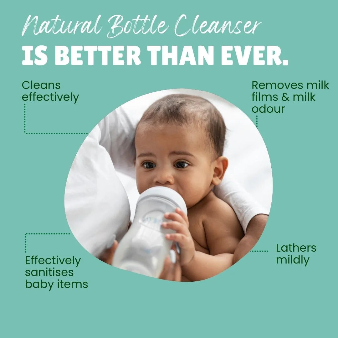 Circular photo of a baby being fed from a bottle, surrounded by benefit text on teal background. Claims include "Cleans effectively," "Removes milk films & milk odour," "Effectively sanitises baby items," and "Lathers mildly."