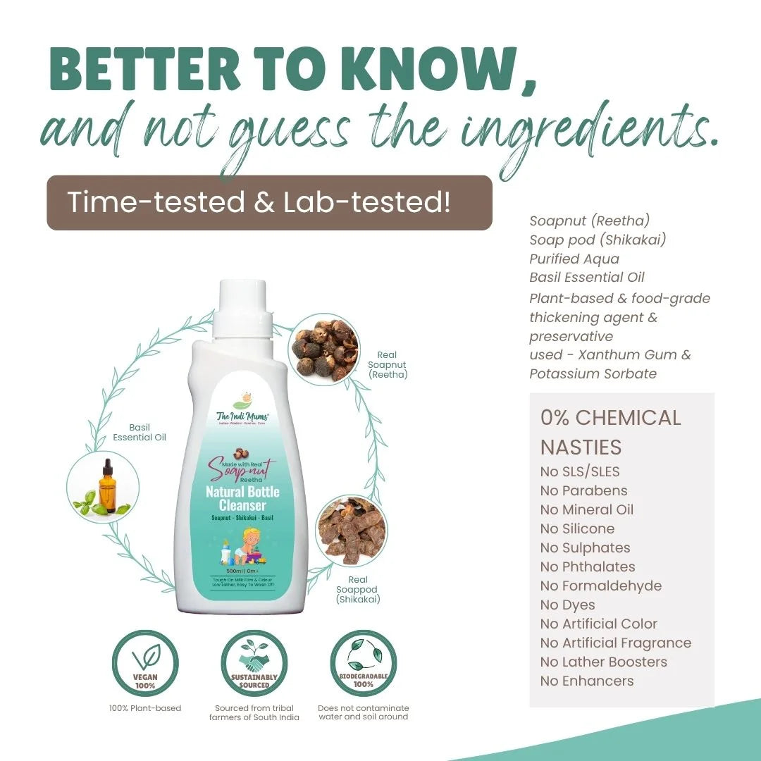 Detailed ingredient breakdown showing the bottle with circular callouts for real soapnut (reetha), basil essential oil, and real soapnut (shikakai). Lists full ingredients and emphasizes "0% CHEMICAL NASTIES" with extensive list of excluded harmful substances. Includes vegan, sustainably sourced, and biodegradable certification badges.