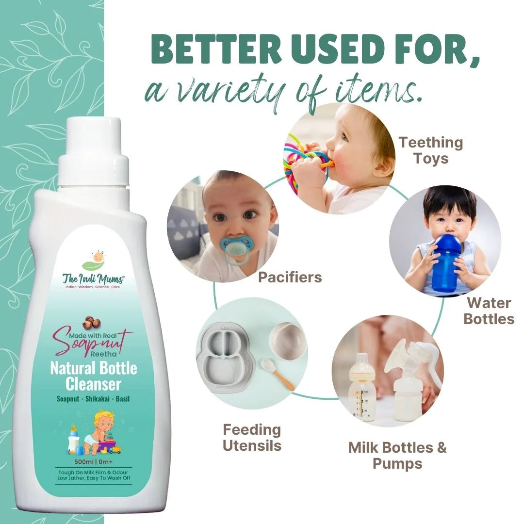 Product usage guide showing the bottle can clean multiple baby items including teething toys, pacifiers, water bottles, feeding utensils, and milk bottles & pumps, with circular photos of babies using these items.