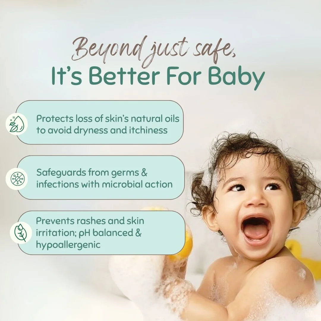 Baby taking a bath with text highlighting product benefits like preventing rashes and infections, and avoiding dryness and itching on a light background