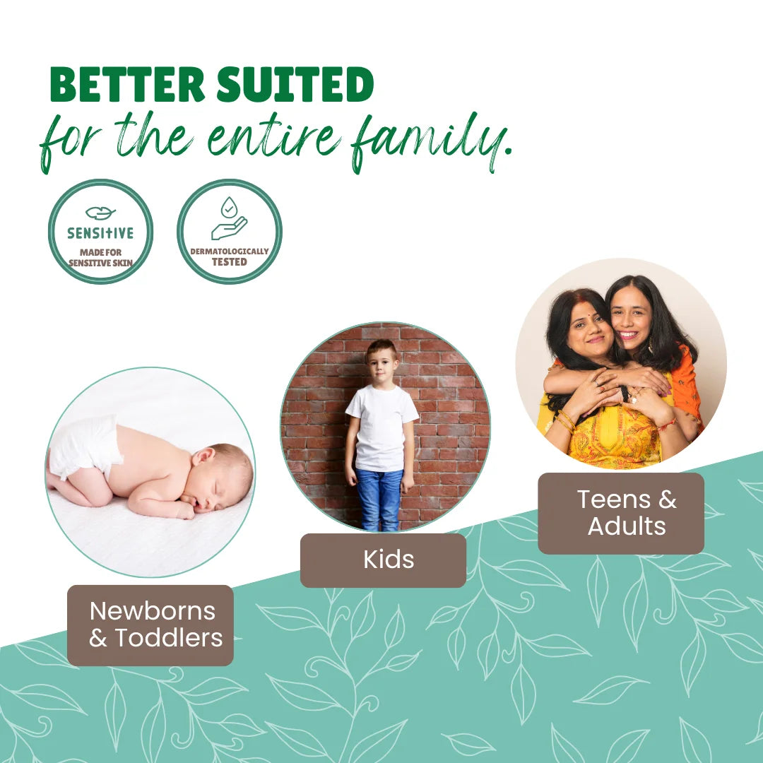 Family-focused image showing three circular photos of different age groups - a sleeping newborn, a young boy, and a mother with teenage daughter embracing. Text reads "BETTER SUITED for the entire family" with labels for "Newborns & Toddlers," "Kids," and "Teens & Adults." Includes badges for "Sensitive" and "Dermatologically Tested."