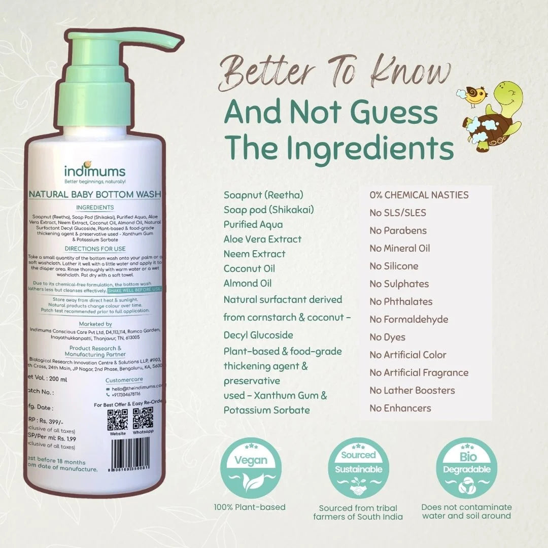 Indimums Natural Baby Bottom Wash bottle showing ingredient list and product details on a white background