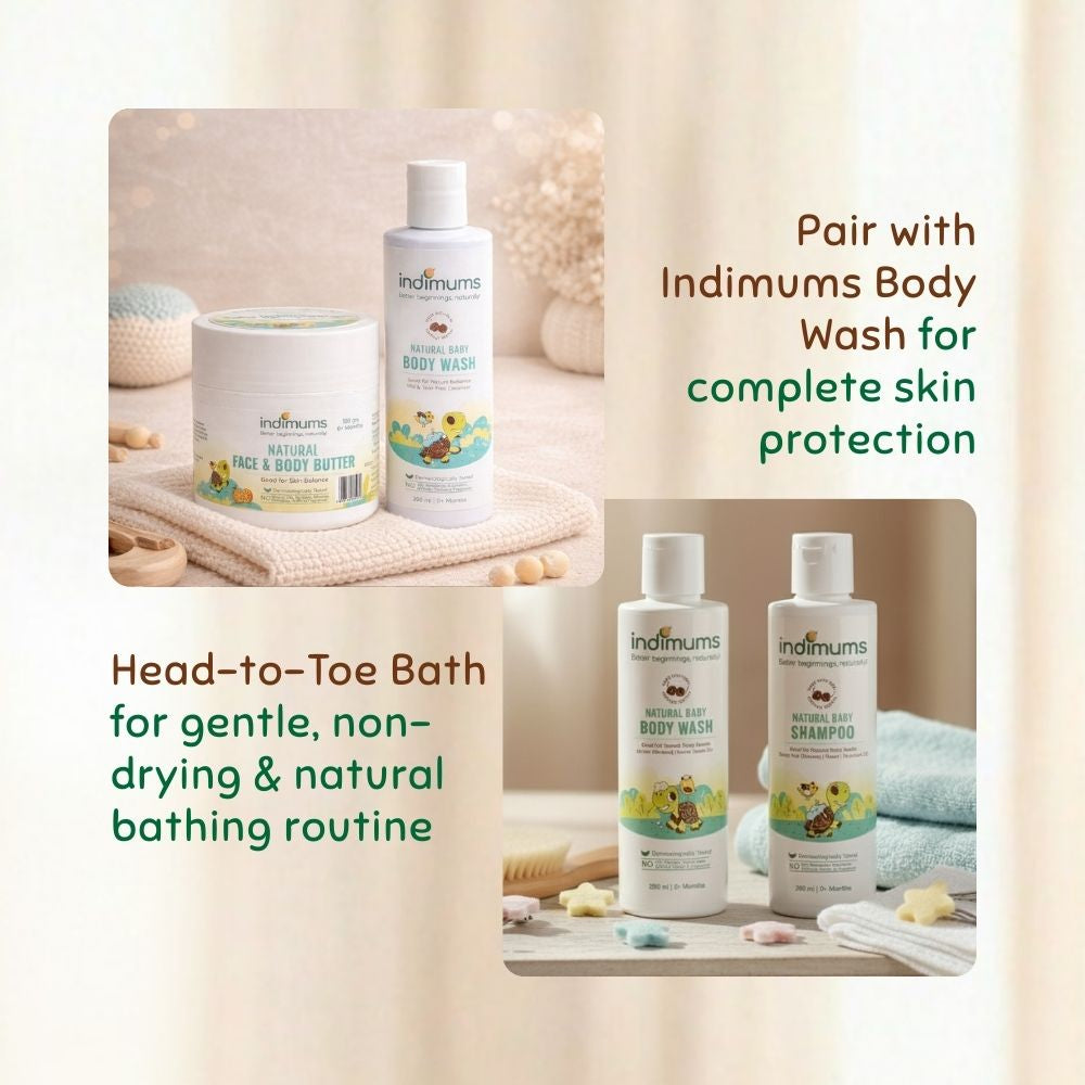 Indimums face & body butter, body wash and shampoo with text on a neutral background
