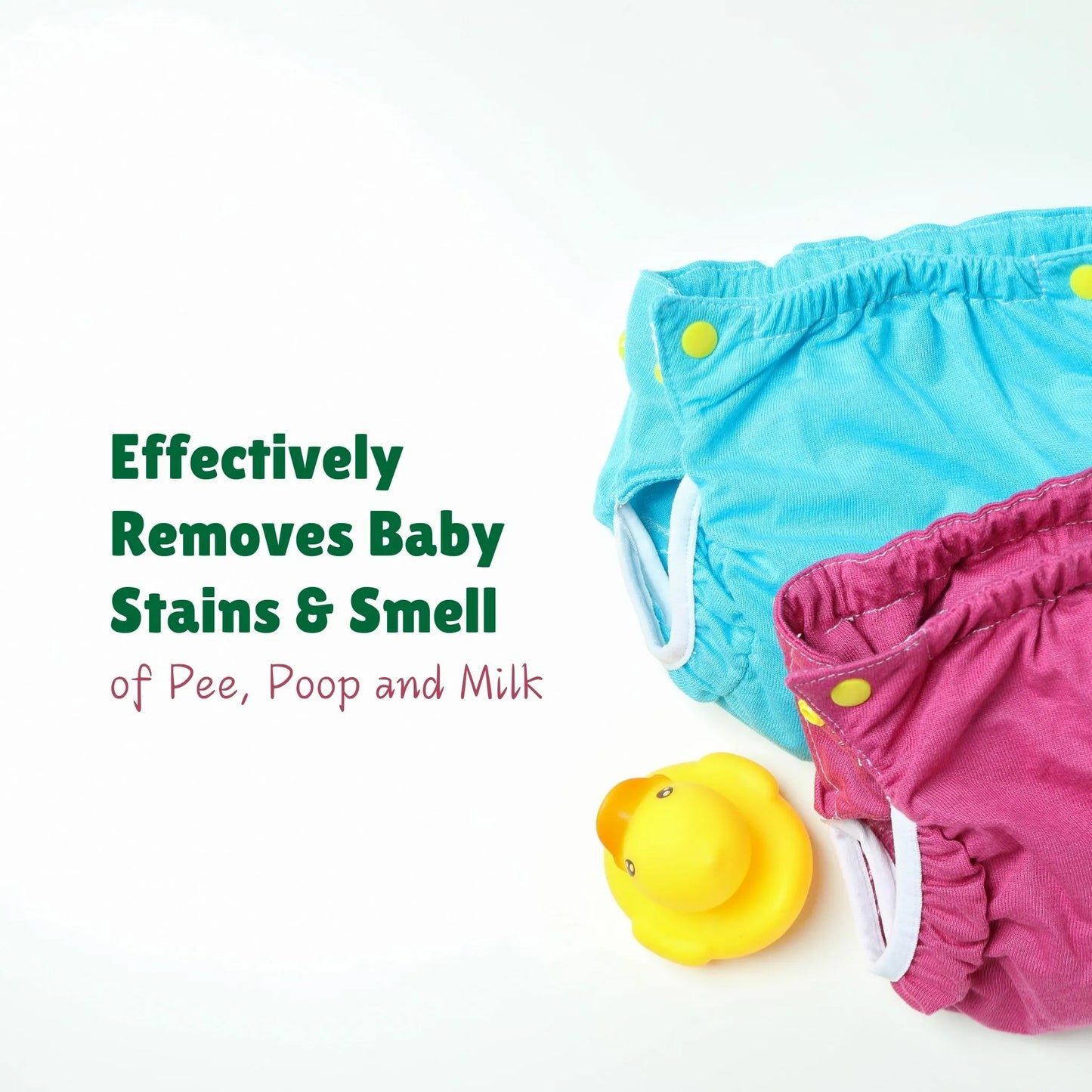 Indimums Baby Laundry Detergent effectively removes stains and smells of pee, poop and milk, shown with colorful cloth diapers and a yellow rubber duck on a white background