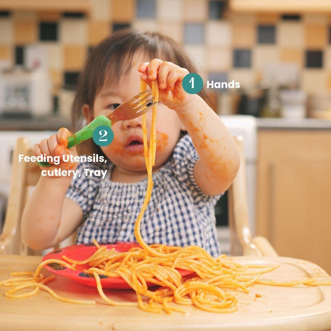 A visual guide on how to introduce solid foods to babies, focusing on hand-feeding and using utensils.