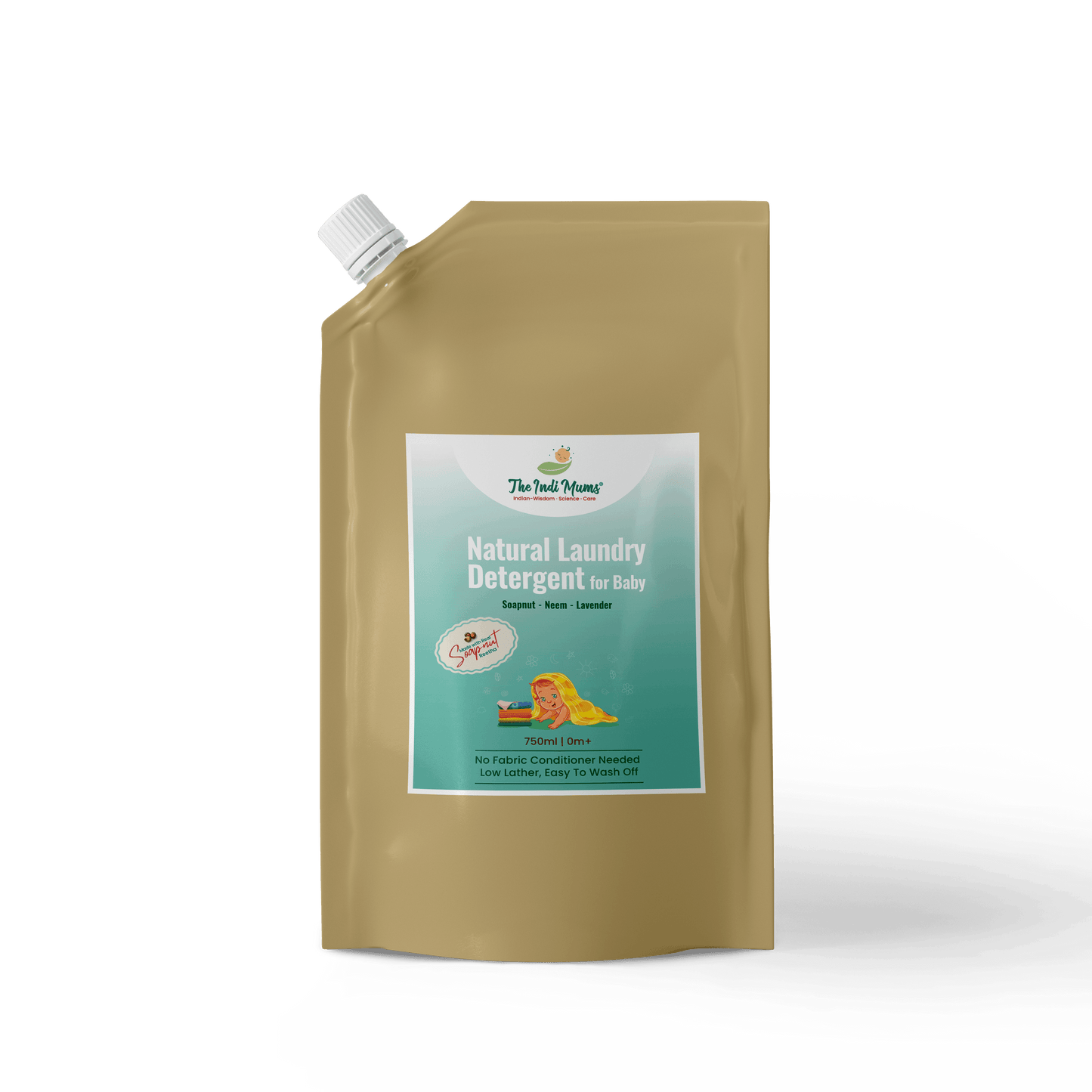 Indimums Natural Laundry Detergent (750 ML) with Reetha for rashes-prone baby skin on a black background