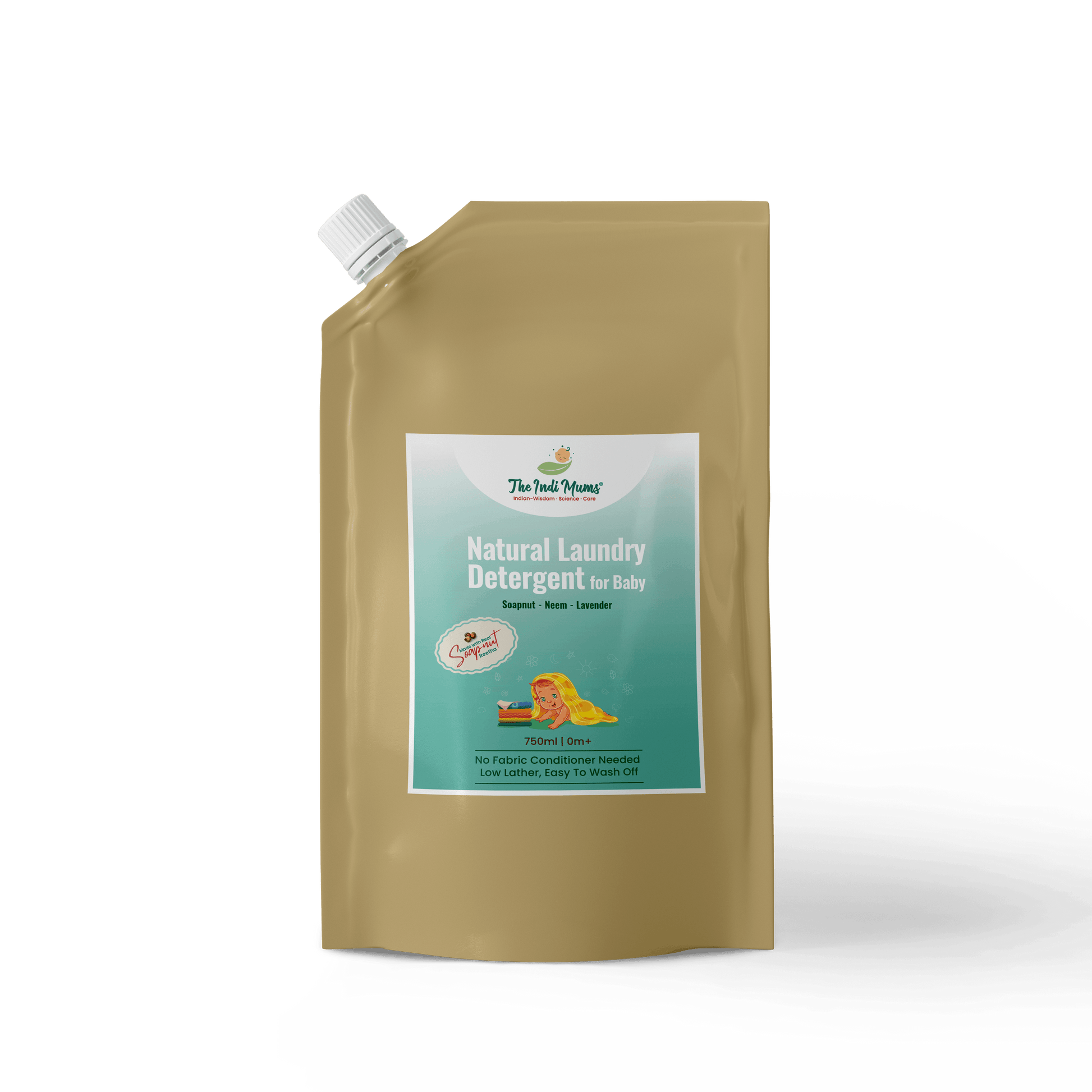 Indimums Natural Laundry Detergent (750 ML) with Reetha for rashes-prone baby skin on a black background