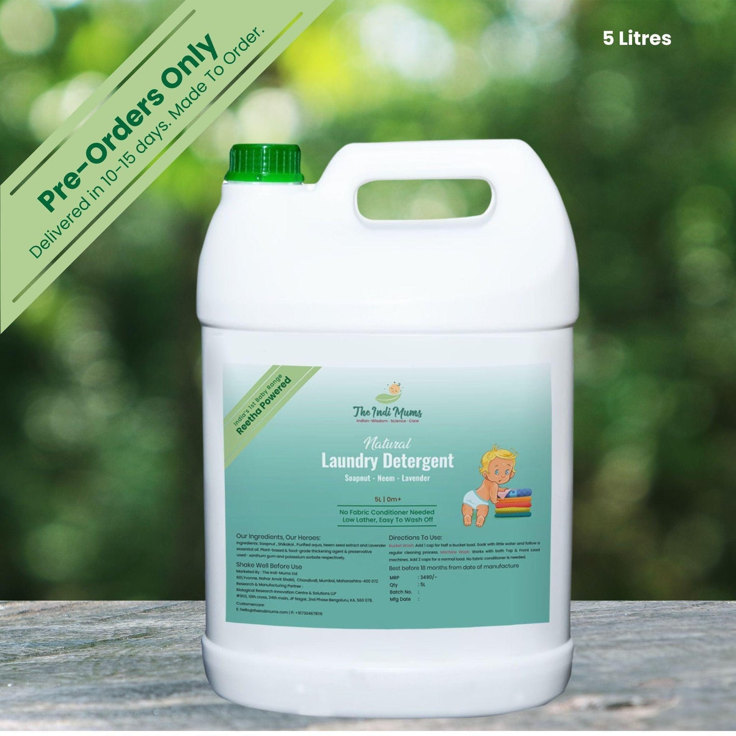 5-liter canister of Indimums Natural Laundry Detergent, labeled for pre-order with 10–15 day delivery time