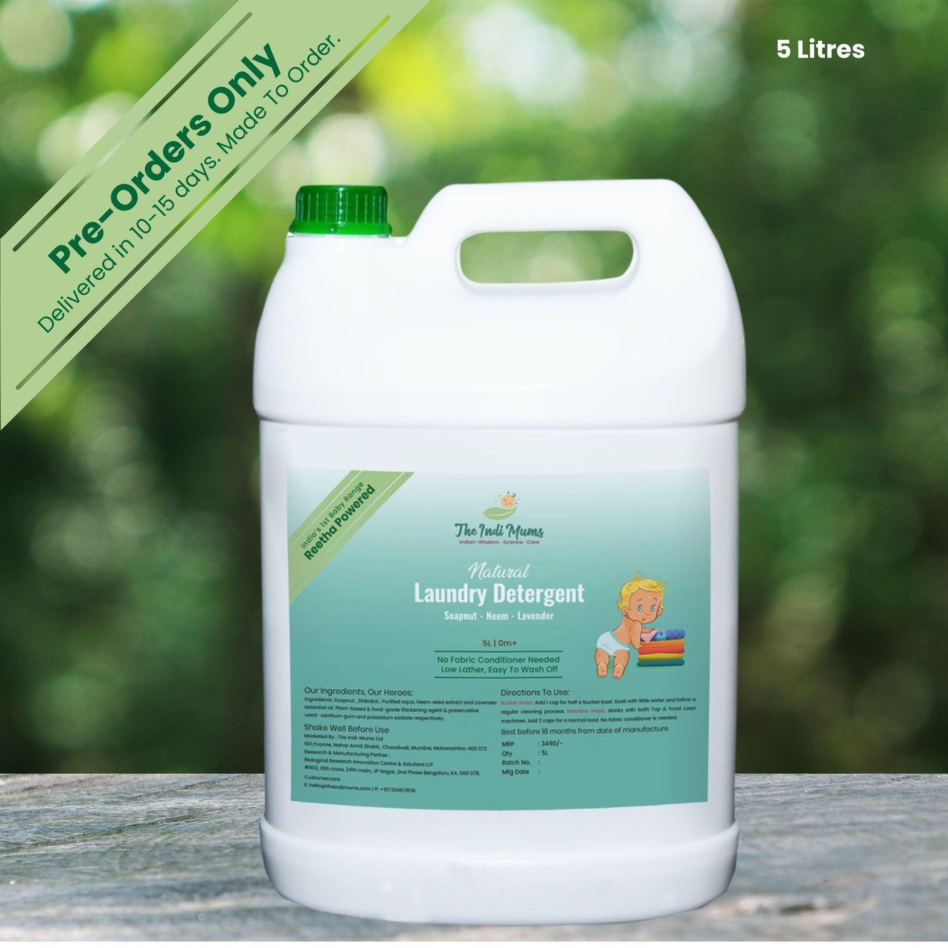 5-liter canister of Indimums Natural Laundry Detergent, labeled for pre-order with 10–15 day delivery time