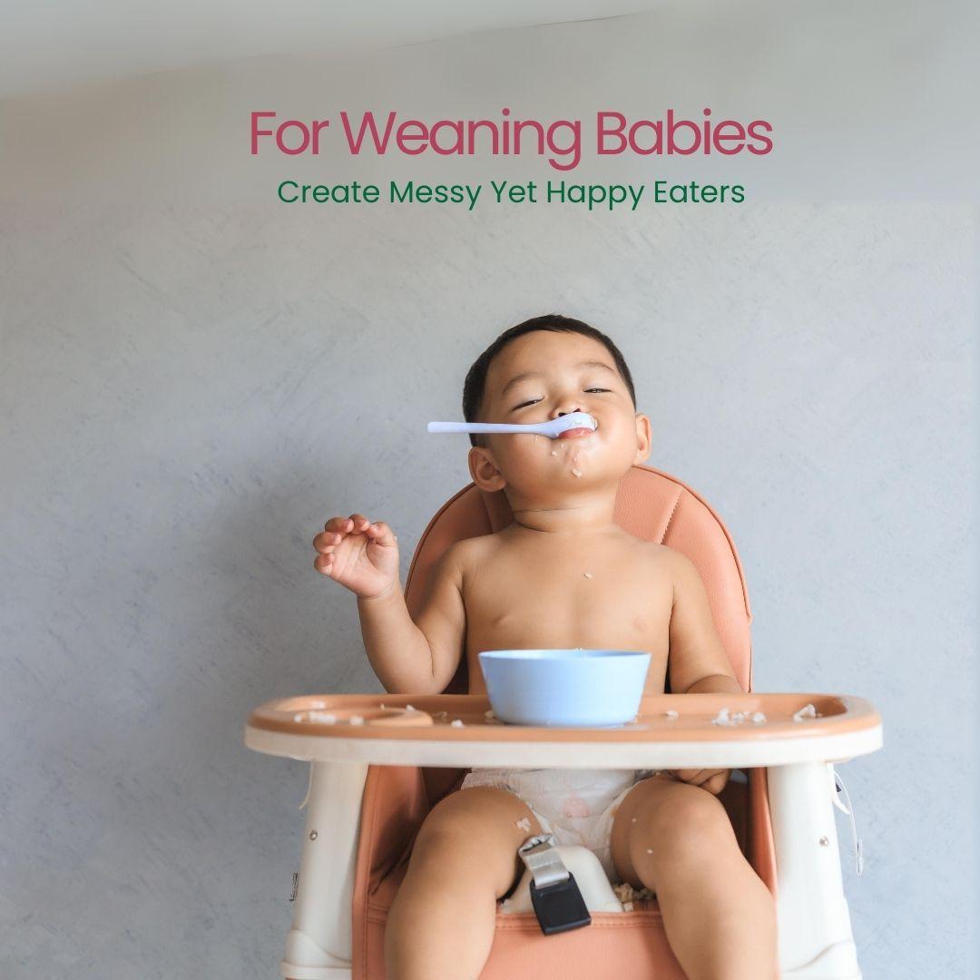 A guide to weaning babies, emphasizing the importance of creating messy yet happy eaters.