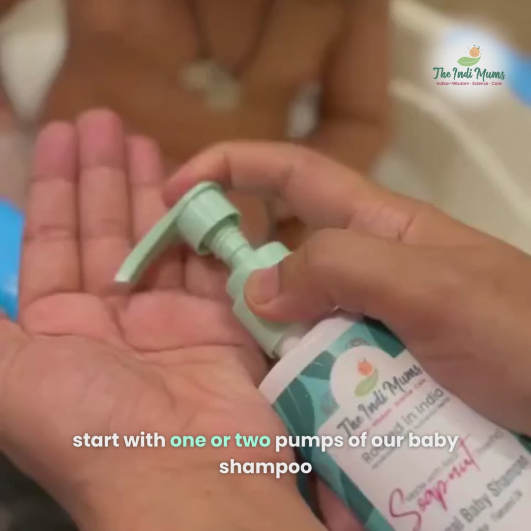 Video showing instructions on how to use the Indimums Natural Baby Shampoo with step-by-step guidance on gentle hair washing