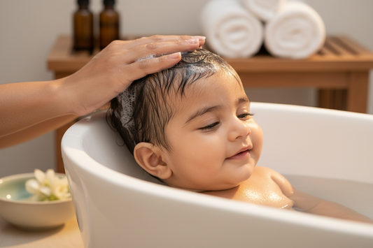 Indian baby scalp being gently washed during monsoon hair care routine