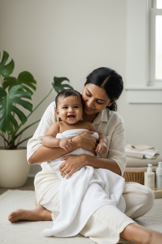 Indian mother holding baby after bath for eczema prone skin routine