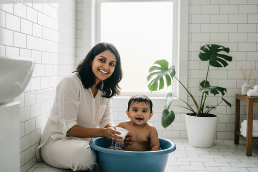 Indian mother bathing baby during monsoon skin care routine