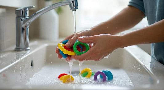 How do I safely clean and sanitize baby toys, especially bath toys?