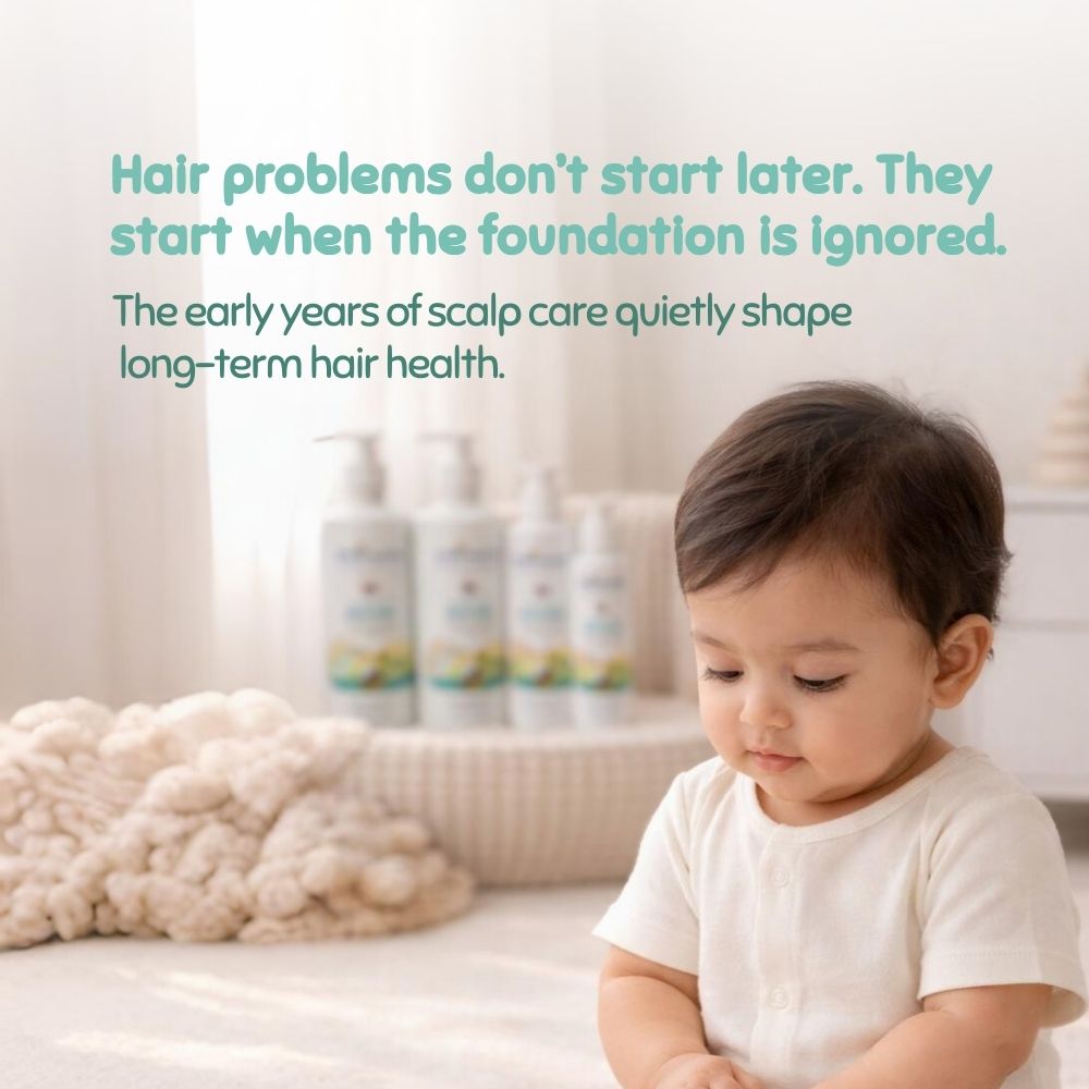 Child sitting on a bed with text about scalp care and hair health, and Indimums Shampoo in the background.