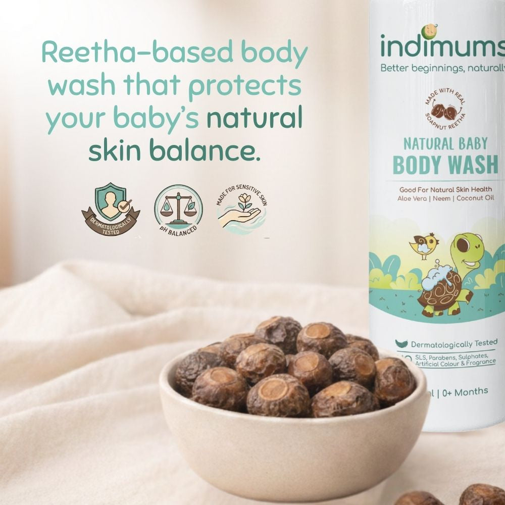 Indimums natural baby body wash with a bowl of Reetha fruits on a light background