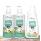Three bottles of Indimums Natural Handwash, Laundry Detergent & Bottle, Toys & Dish Wash on a wooden surface with a white background
