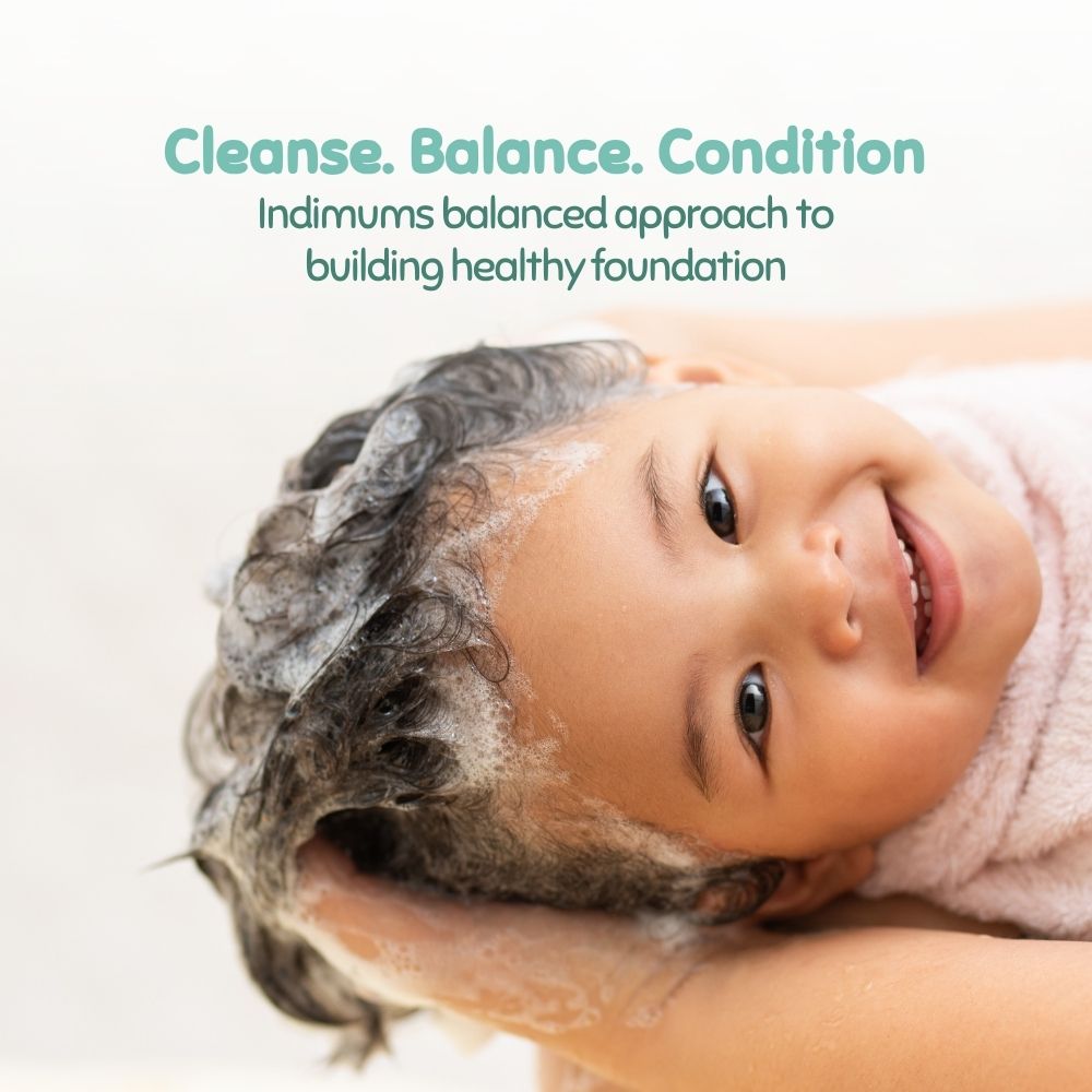 Child with soapy hair and text about a balanced approach to building healthy foundation