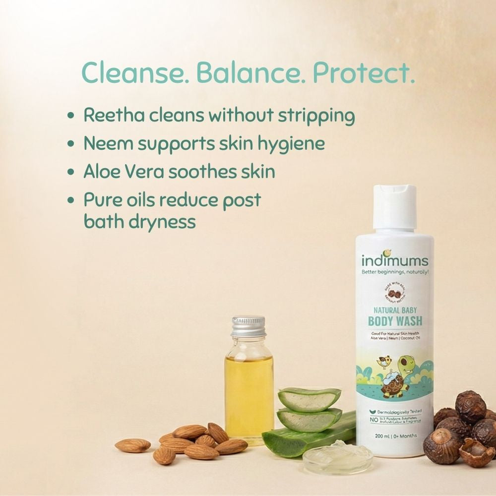 Indimums natural baby body wash with ingredients and benefits listed on a beige background