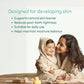 Woman and child in bathrobes with text about product benefits on a light background