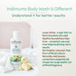 Indimums body wash bottle with a teddy bear on a white blanket, text about product benefits.