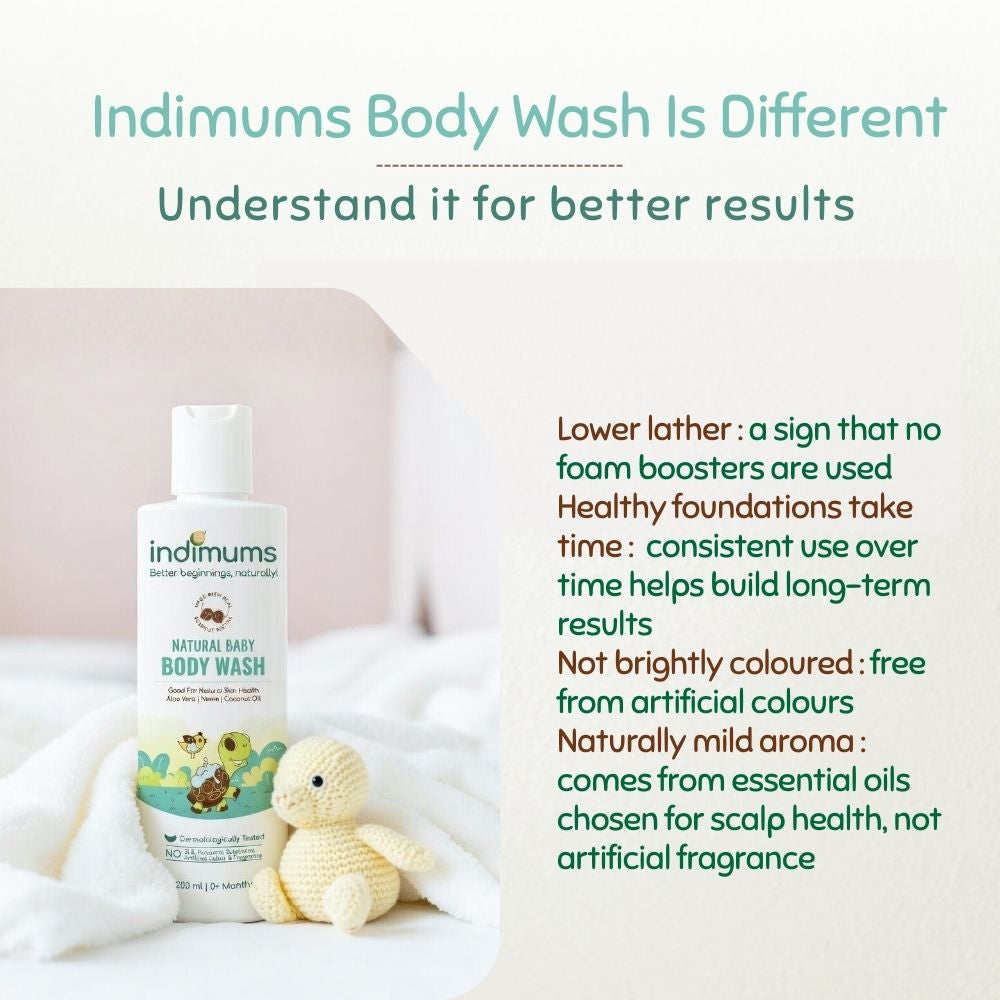 Indimums body wash bottle with a teddy bear on a white blanket, text about product benefits.