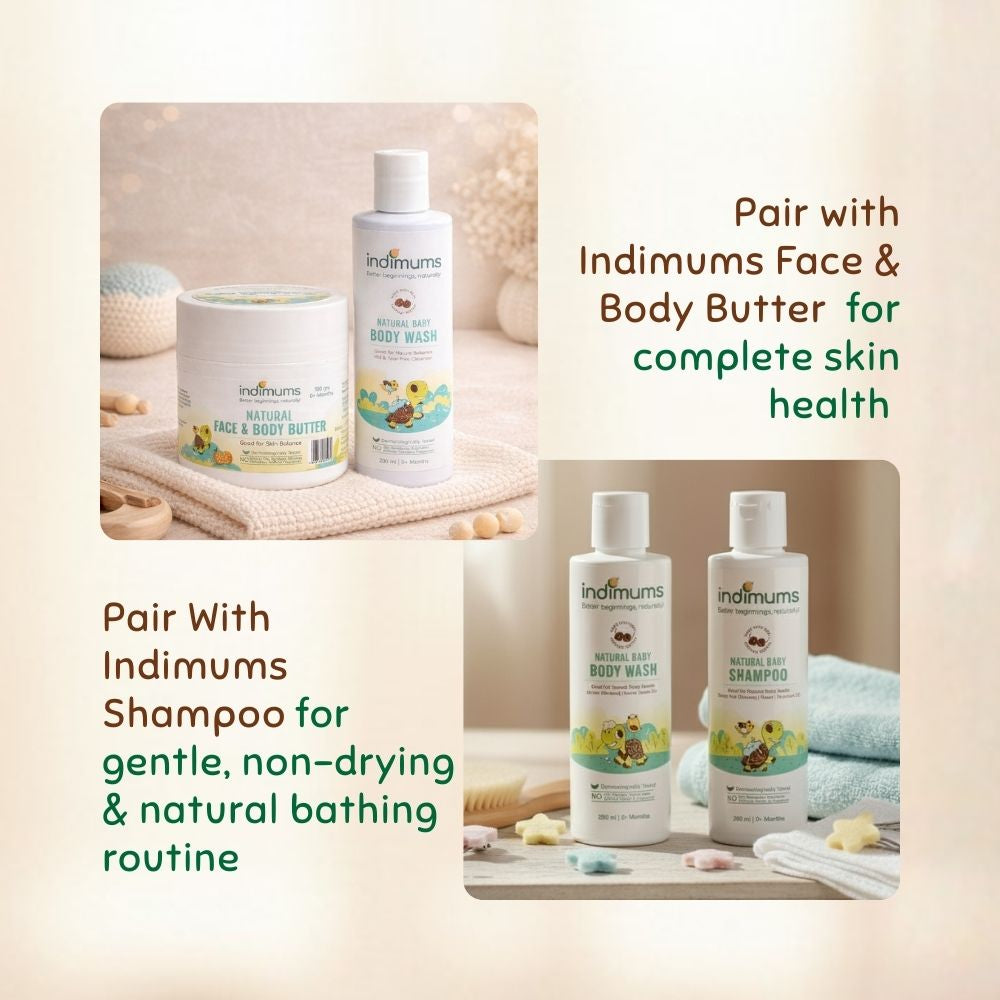 Indimums shampoo, face & body butter and body wash with text on a beige background