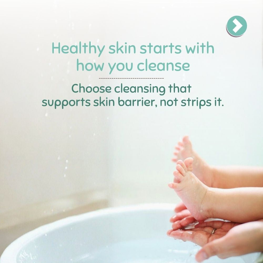 Baby's feet being washed with a message about skin care on a light background