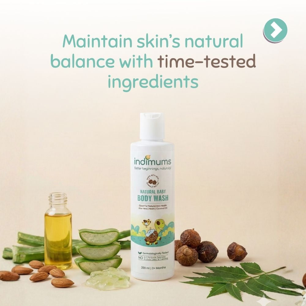 Indimums natural baby body wash bottle with time-tested ingredients text on a beige background